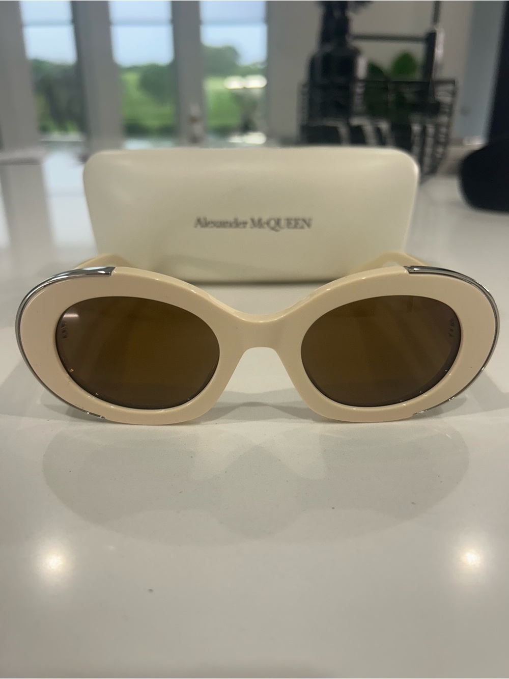 Alexander McQueen Cream Oval Sunglasses with Brown Lenses